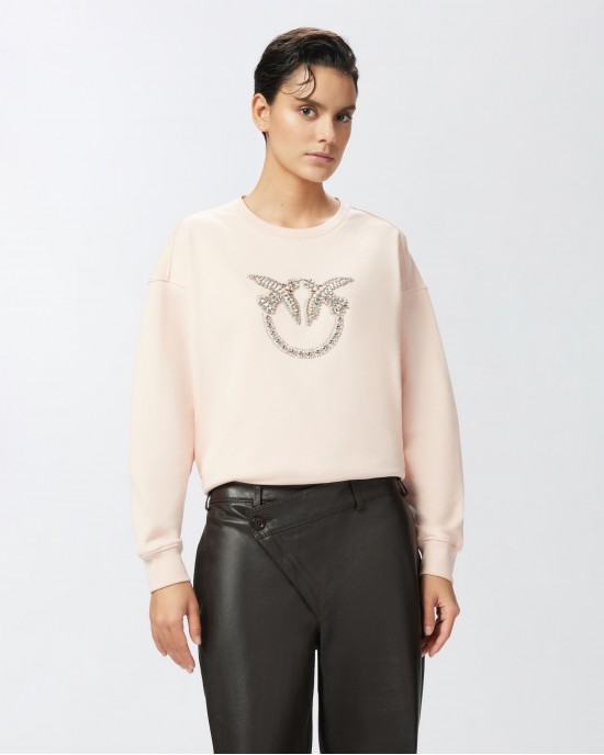 Pinko Nelly Crew Neck With Love Birds Jewel Embroidery Pink Φούτερ