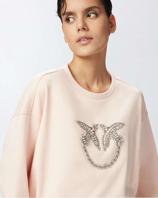Pinko Nelly Crew Neck With Love Birds Jewel Embroidery Pink Φούτερ