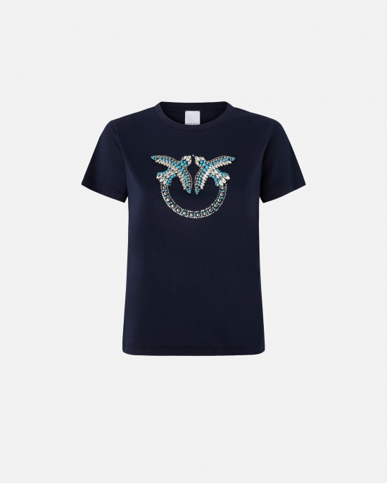 Pinko Quentin T-shirt With Crystal Embroidered Love Birds Blue Μπλούζα Pinko Quentin T-shirt With Crystal Embroidered Love Birds Blue Μπλούζα