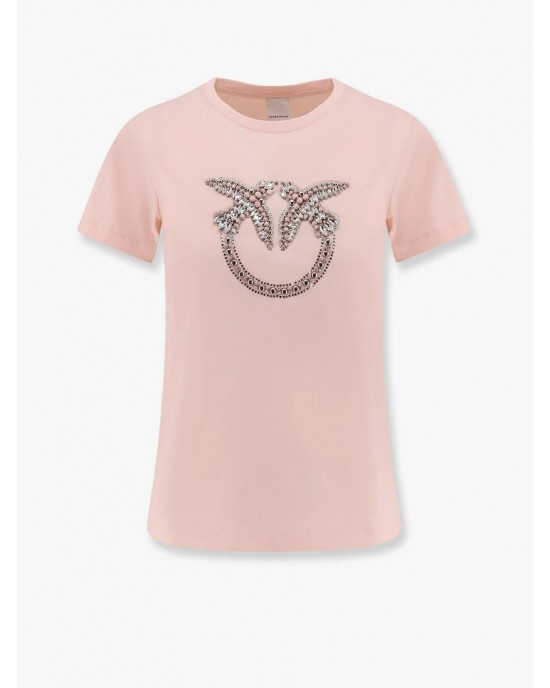 Pinko Quentin T-shirt With Crystal Embroidered Love Birds Pink Μπλούζα