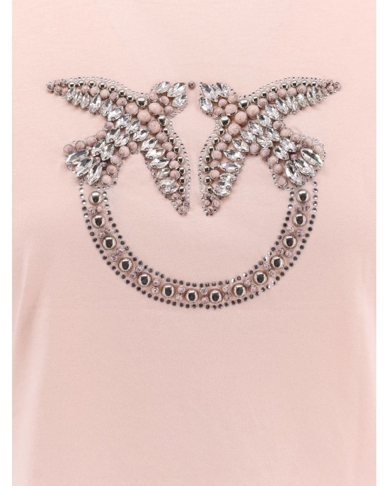 Pinko Quentin T-shirt With Crystal Embroidered Love Birds Pink Μπλούζα
