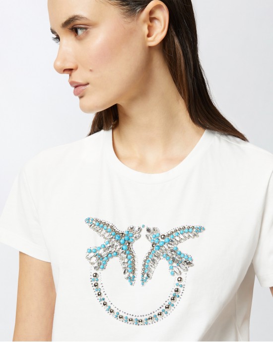 Pinko Quentin T-shirt With Crystal Embroidered Love Birds White Μπλούζα