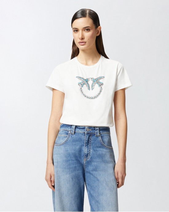 Pinko Quentin T-shirt With Crystal Embroidered Love Birds White Μπλούζα