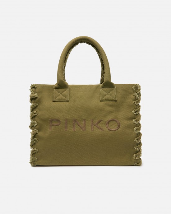 Pinko Beach Shopping Canvas Olive Green Τσάντα