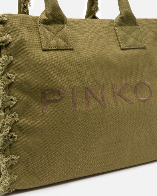 Pinko Beach Shopping Canvas Olive Green Τσάντα