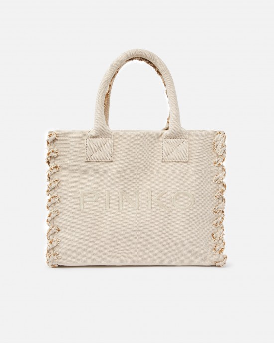 Pinko Beach Shopping Canvas Ecru Τσάντα
