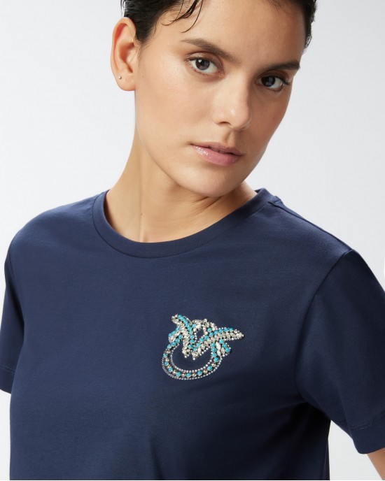 Pinko Nambrone T-shirt With Bejewelled Love Birds Embroidery Blue Μπλούζα