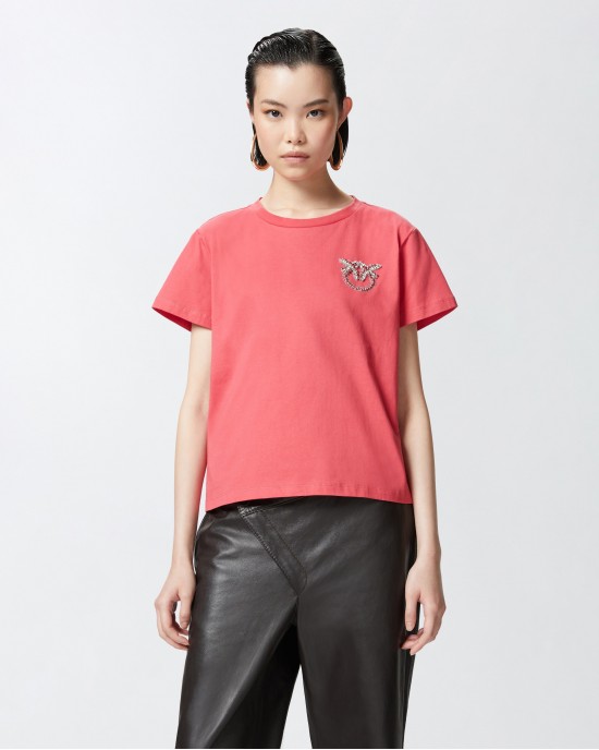 Pinko Nambrone T-shirt With Bejewelled Love Birds Embroidery Red Μπλούζα