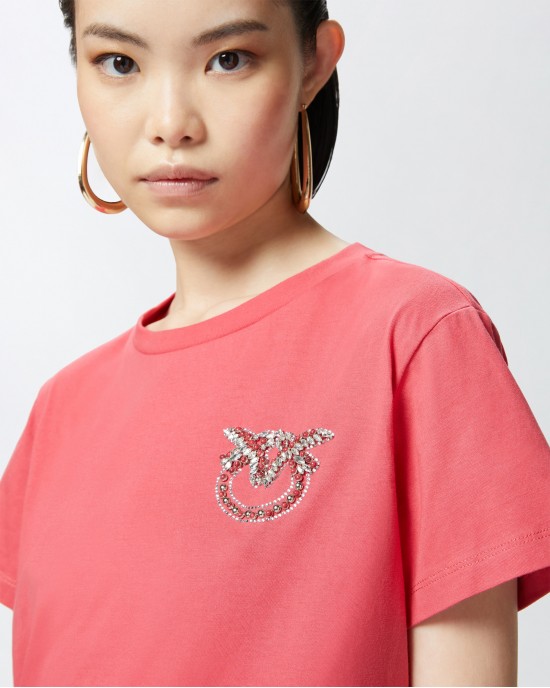 Pinko Nambrone T-shirt With Bejewelled Love Birds Embroidery Red Μπλούζα