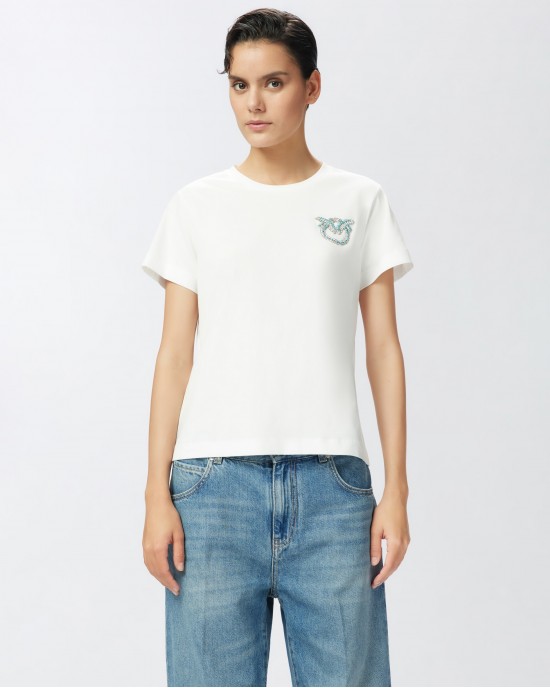Pinko Nambrone T-shirt With Bejewelled Love Birds Embroidery White Μπλούζα