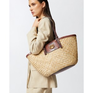 Pinko Love Summer Basket Raffia With Reptile-Print Details Light Brown Τσάντα