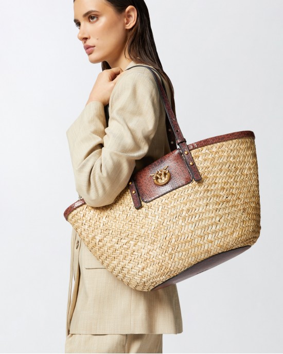 Pinko Love Summer Basket Raffia With Reptile-Print Details Light Brown Τσάντα
