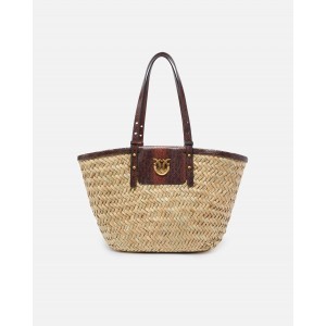 Pinko Love Summer Basket Raffia With Reptile-Print Details Light Brown Τσάντα