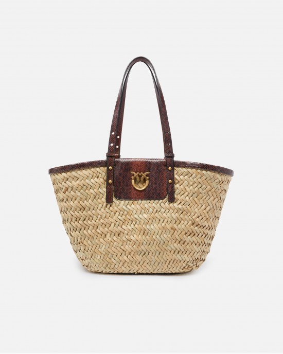 Pinko Love Summer Basket Raffia With Reptile-Print Details Light Brown Τσάντα