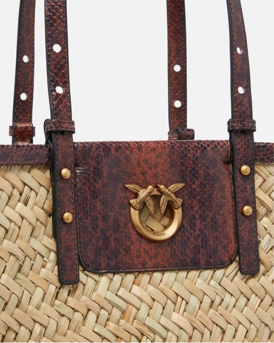 Pinko Love Summer Basket Raffia With Reptile-Print Details Light Brown Τσάντα
