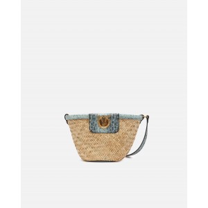 Pinko Love Summer Small Bucket In Woven Raffia And Leather Green Τσάντα