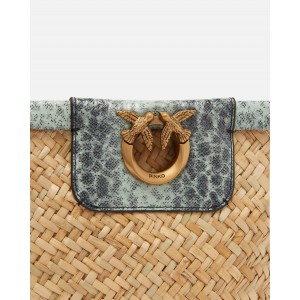 Pinko Love Summer Small Bucket In Woven Raffia And Leather Green Τσάντα