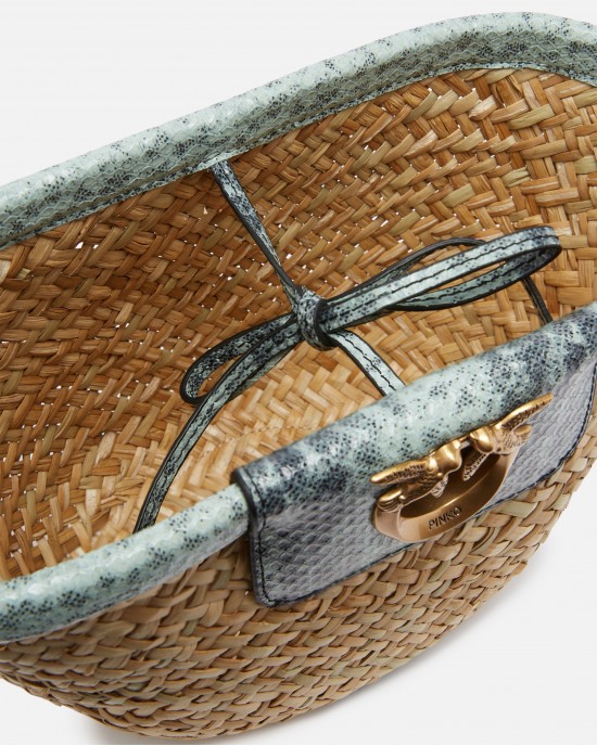 Pinko Love Summer Small Bucket In Woven Raffia And Leather Green Τσάντα