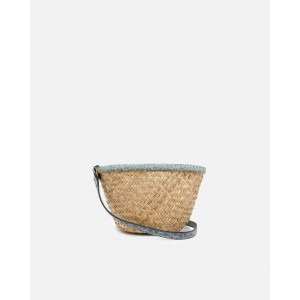 Pinko Love Summer Small Bucket In Woven Raffia And Leather Green Τσάντα