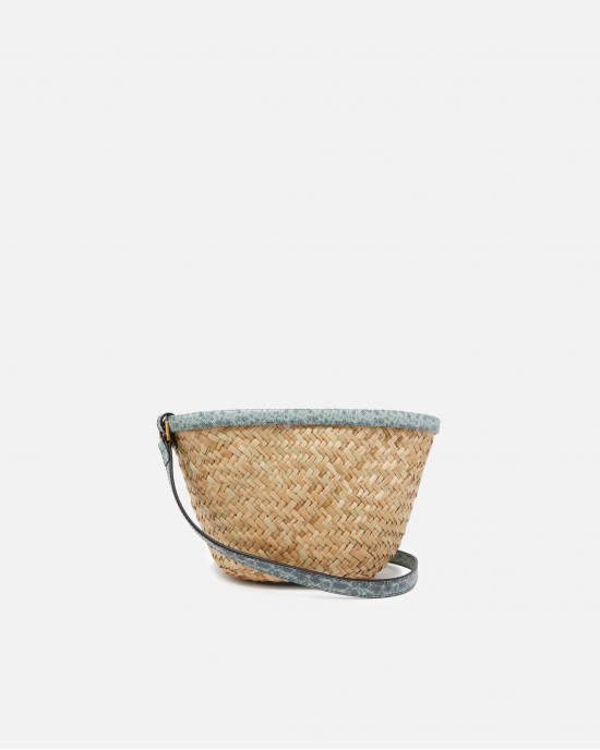 Pinko Love Summer Small Bucket In Woven Raffia And Leather Green Τσάντα
