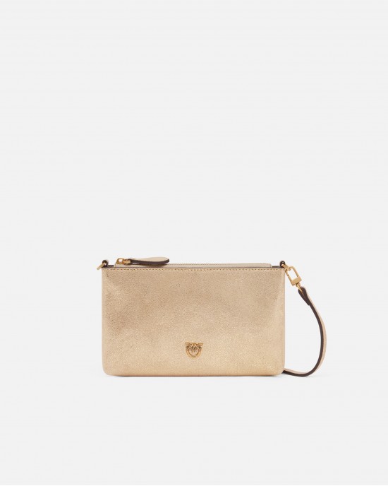 Pinko Flat Horizontal Mini Shiny Gold Suede Leather Τσάντα
