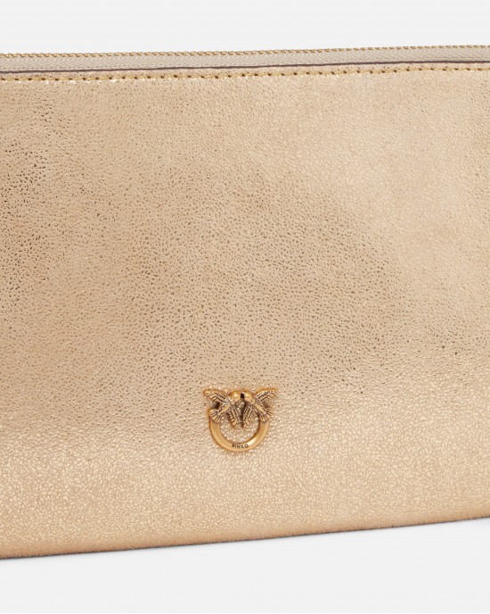 Pinko Flat Horizontal Mini Shiny Gold Suede Leather Τσάντα
