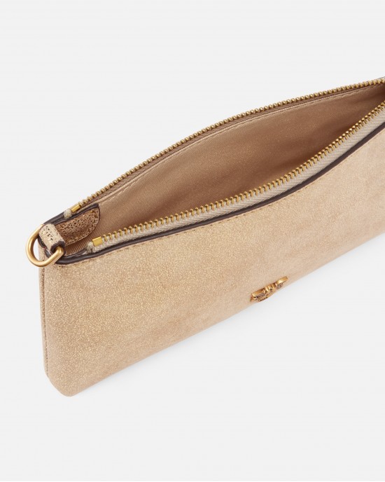 Pinko Flat Horizontal Mini Shiny Gold Suede Leather Τσάντα