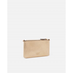 Pinko Flat Horizontal Mini Shiny Gold Suede Leather Τσάντα