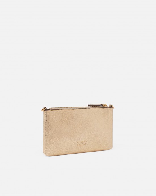 Pinko Flat Horizontal Mini Shiny Gold Suede Leather Τσάντα