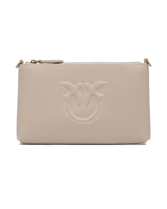 Pinko Flat Horizontal Mini Beige Leather Τσάντα