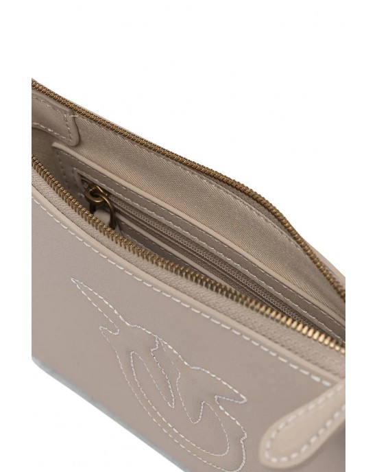 Pinko Flat Horizontal Mini Beige Leather Τσάντα