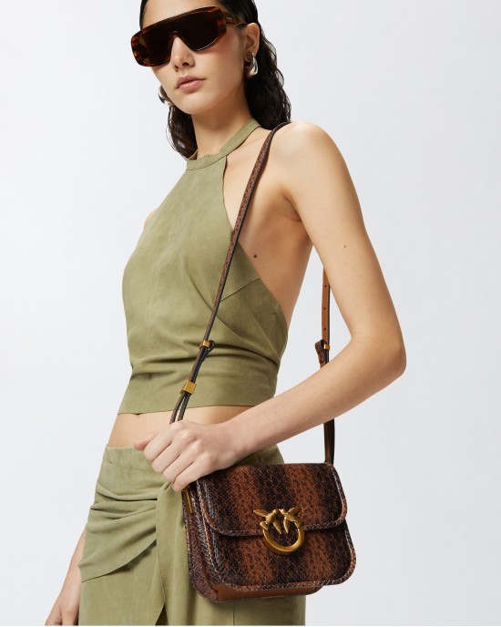 Pinko Love Box Fl Mini Reptile Print Square Brown Leather Τσάντα
