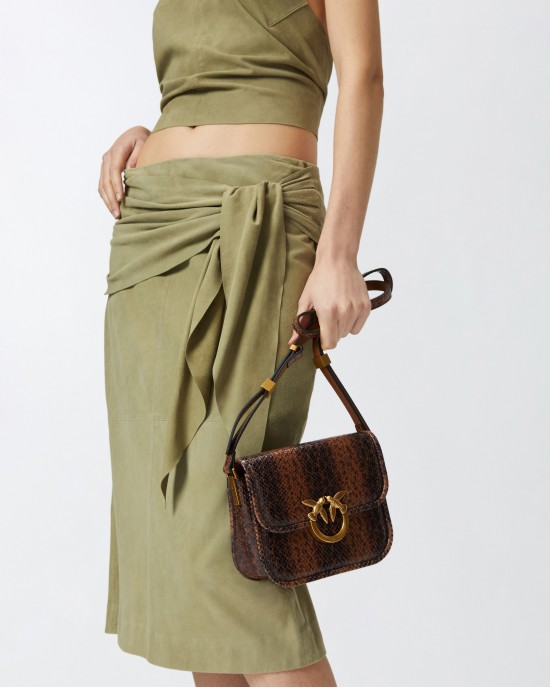 Pinko Love Box Fl Mini Reptile Print Square Brown Leather Τσάντα