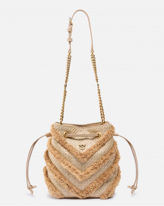 Pinko Secchiello Mini Bucket Beige Rafia Τσάντα