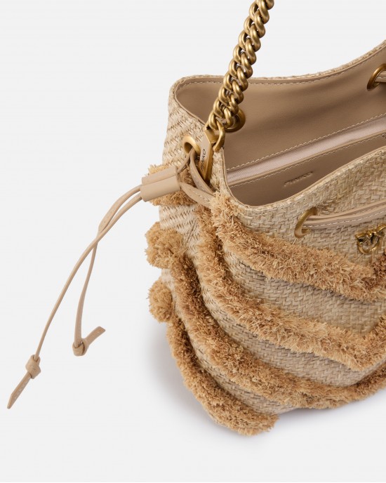 Pinko Secchiello Mini Bucket Beige Rafia Τσάντα