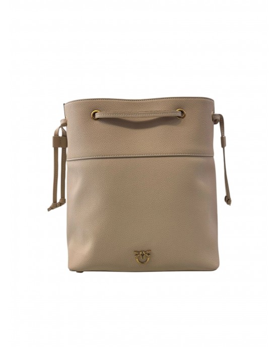 Pinko Secchiello Classic Bucket With Shoulder Strap Beige Leather Τσάντα