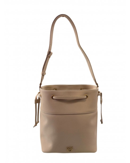 Pinko Secchiello Classic Bucket With Shoulder Strap Beige Leather Τσάντα