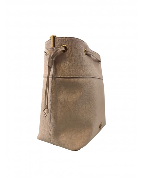 Pinko Secchiello Classic Bucket With Shoulder Strap Beige Leather Τσάντα
