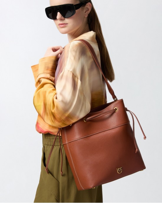 Pinko Secchiello Classic Bucket With Shoulder Strap Light Brown Leather Τσάντα