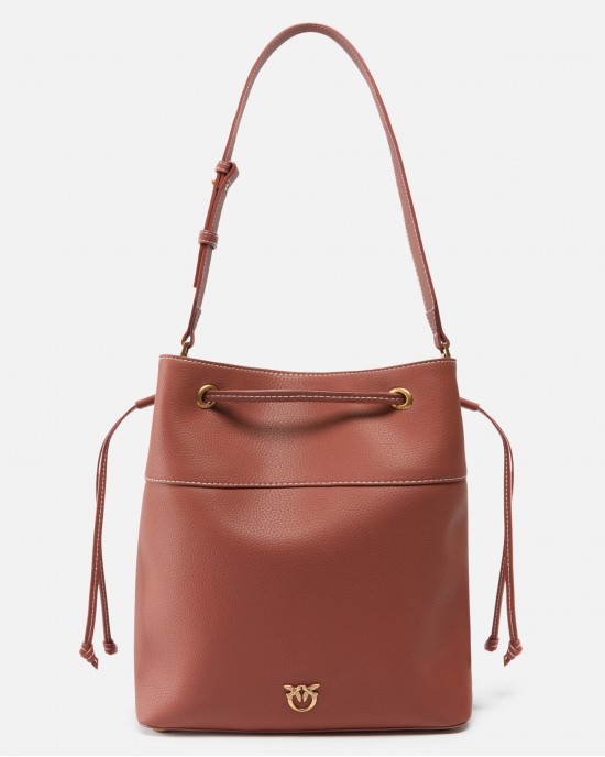 Pinko Secchiello Classic Bucket With Shoulder Strap Light Brown Leather Τσάντα