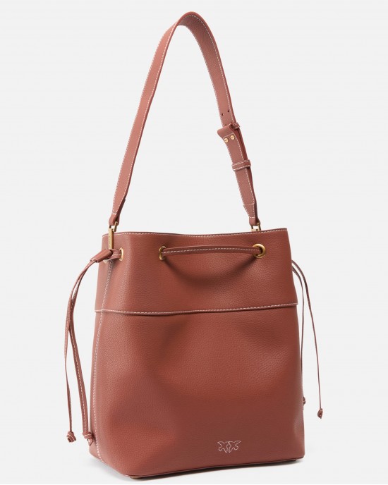 Pinko Secchiello Classic Bucket With Shoulder Strap Light Brown Leather Τσάντα