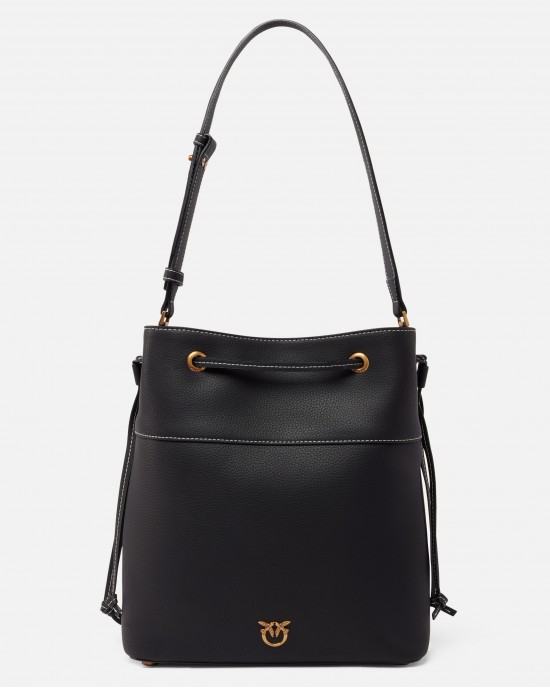 Pinko Secchiello Classic Bucket With Shoulder Strap Black Leather Τσάντα