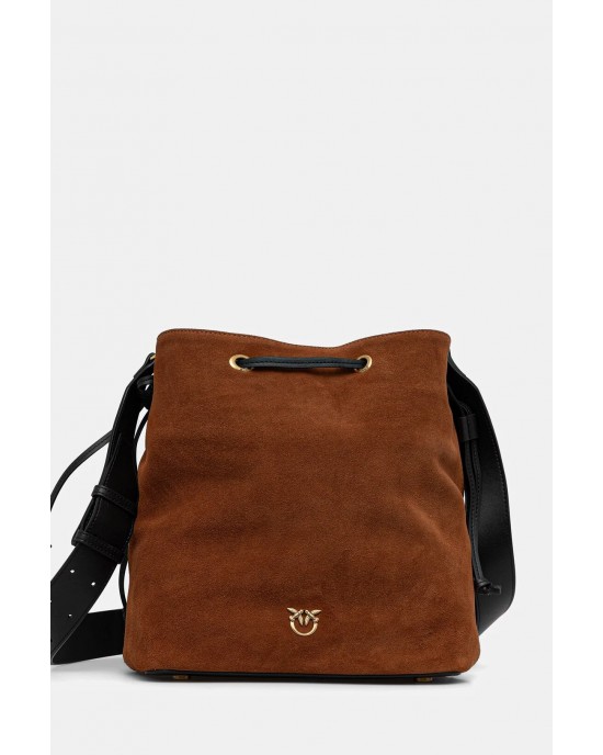 Pinko Secchiello Classic Brown Suede Δερμάτινη Τσάντα