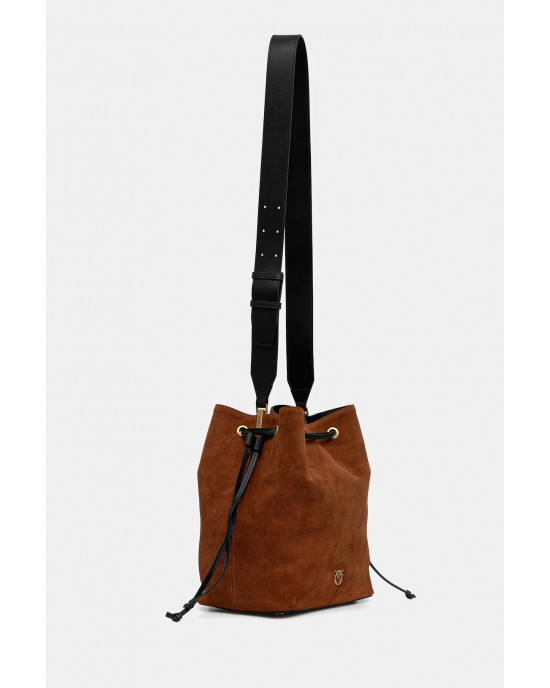 Pinko Secchiello Classic Brown Suede Δερμάτινη Τσάντα