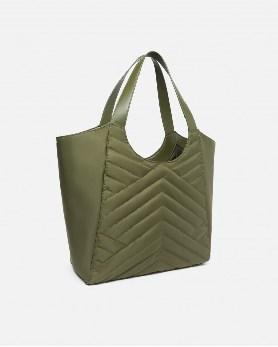 Pinko Tote Recycled Fabric Puzzle Quilt Military Τσάντα