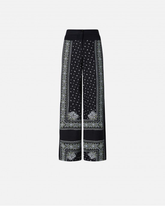 Pinko Spirito Lightweight Wide-leg Bandana Print Black/Lime Παντελόνι