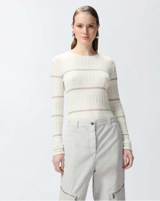 Pinko Pisanino Ribbed With Metallic Stripes White Μπλούζα