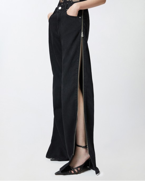 Pinko Wanda Wide Leg With Side Zips Black Τζιν Παντελόνι