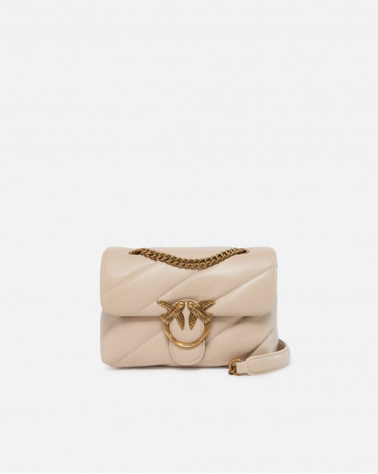 Pinko Small Love Puff Maxi Quilt Leather Beige Τσάντα Ώμου