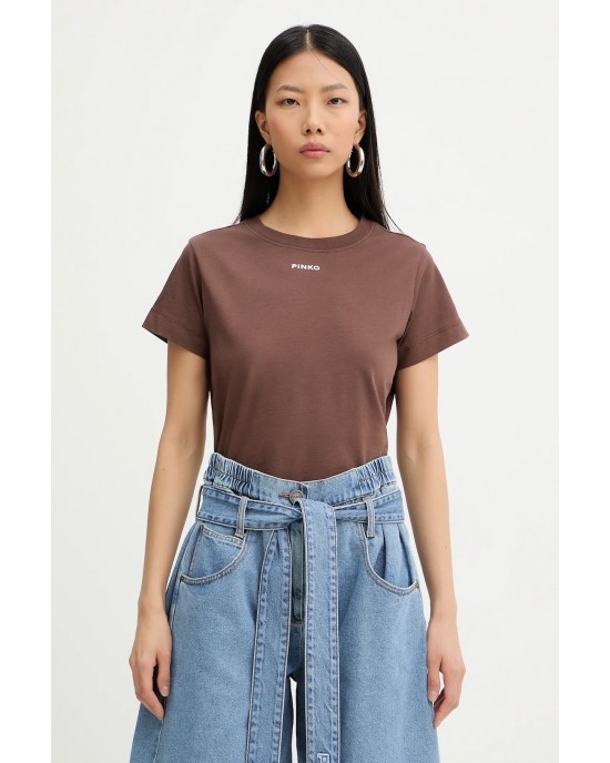 Pinko Basico T-shirt With PINKO Logo Brown Μπλούζα